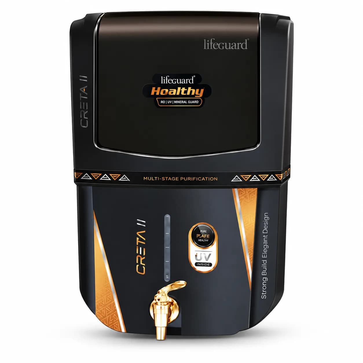 Black and Gold RO UV Water Purifier with 12 L Storage Capacity and Mineral Guard