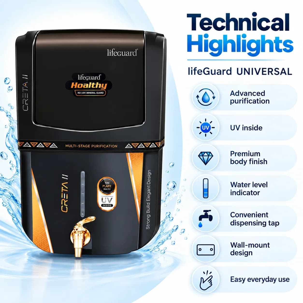 Black and Gold RO UV Water Purifier with 12 L Storage Capacity and Mineral Guard thumbnail 3