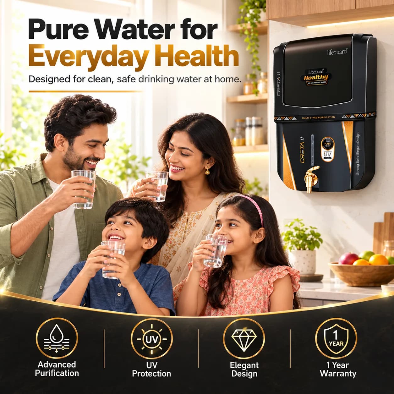 Black and Gold RO UV Water Purifier with 12 L Storage Capacity and Mineral Guard thumbnail 6