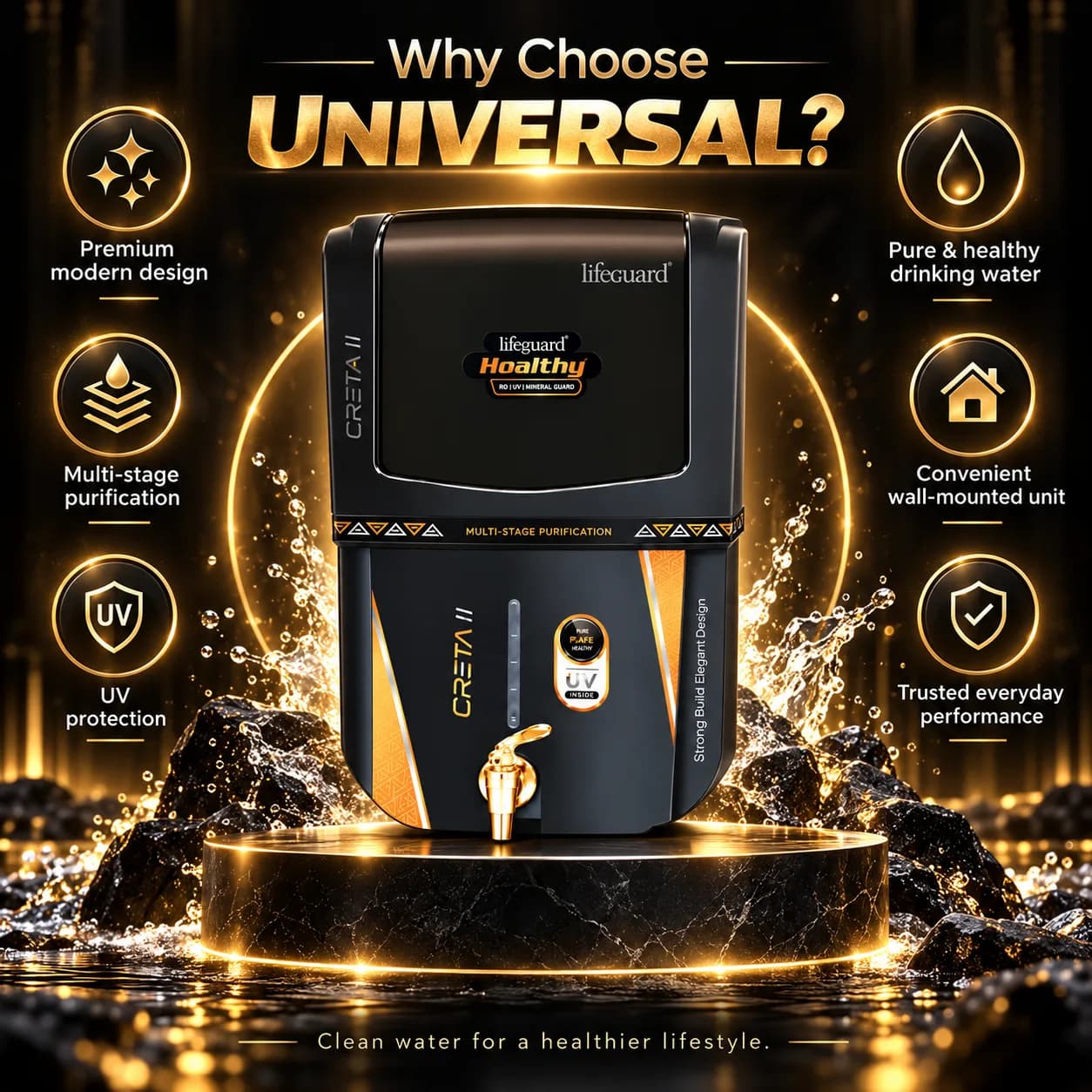 Black and Gold RO UV Water Purifier with 12 L Storage Capacity and Mineral Guard thumbnail 2