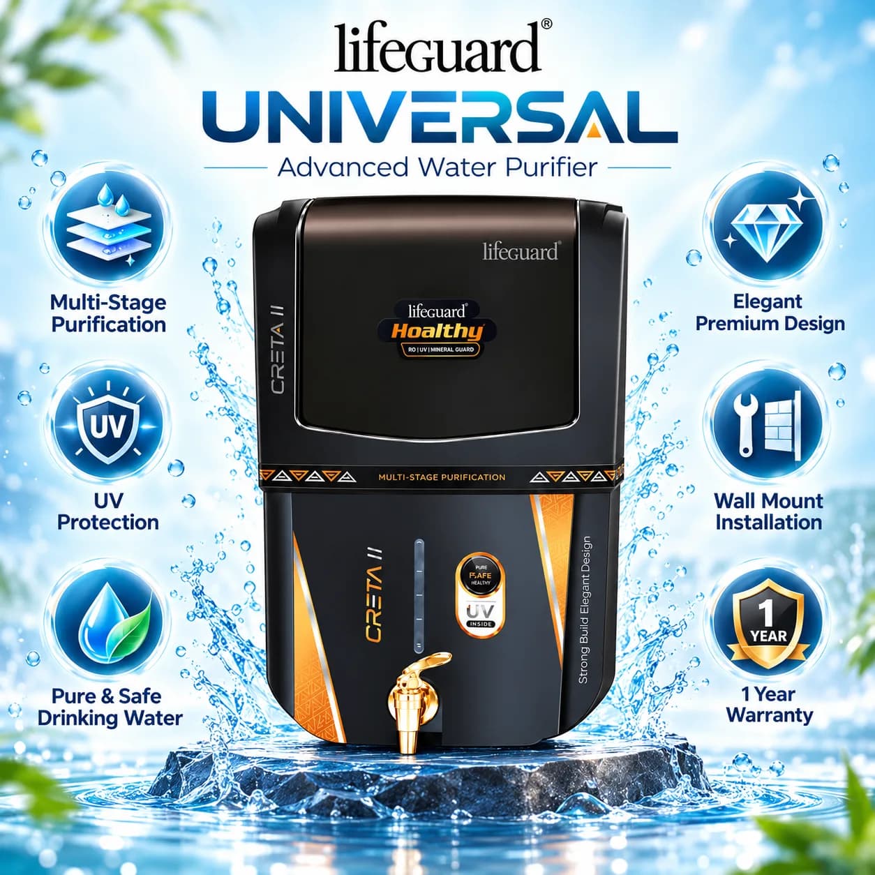 Black and Gold RO UV Water Purifier with 12 L Storage Capacity and Mineral Guard thumbnail 4