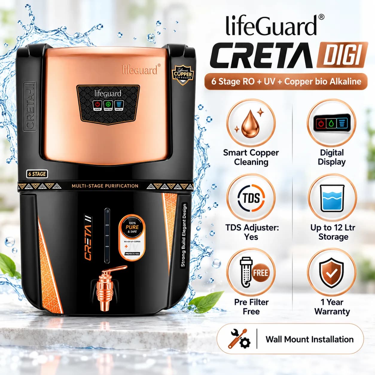 Black and Copper-Tone 12 L 6-Stage Water Purifier with Front Status Indicators thumbnail 3