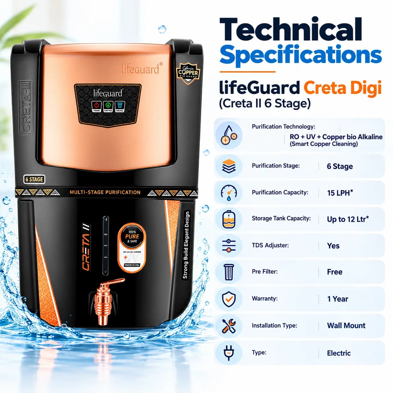 Black and Copper-Tone 12 L 6-Stage Water Purifier with Front Status Indicators thumbnail 4