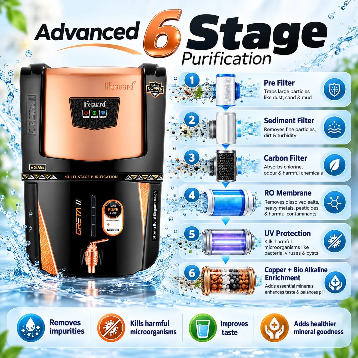 Black and Copper-Tone 12 L 6-Stage Water Purifier with Front Status Indicators thumbnail 5