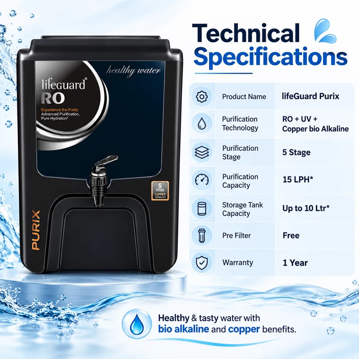 Black Plastic RO Water Purifier with Front Dispensing Tap and 10 L Storage thumbnail 4