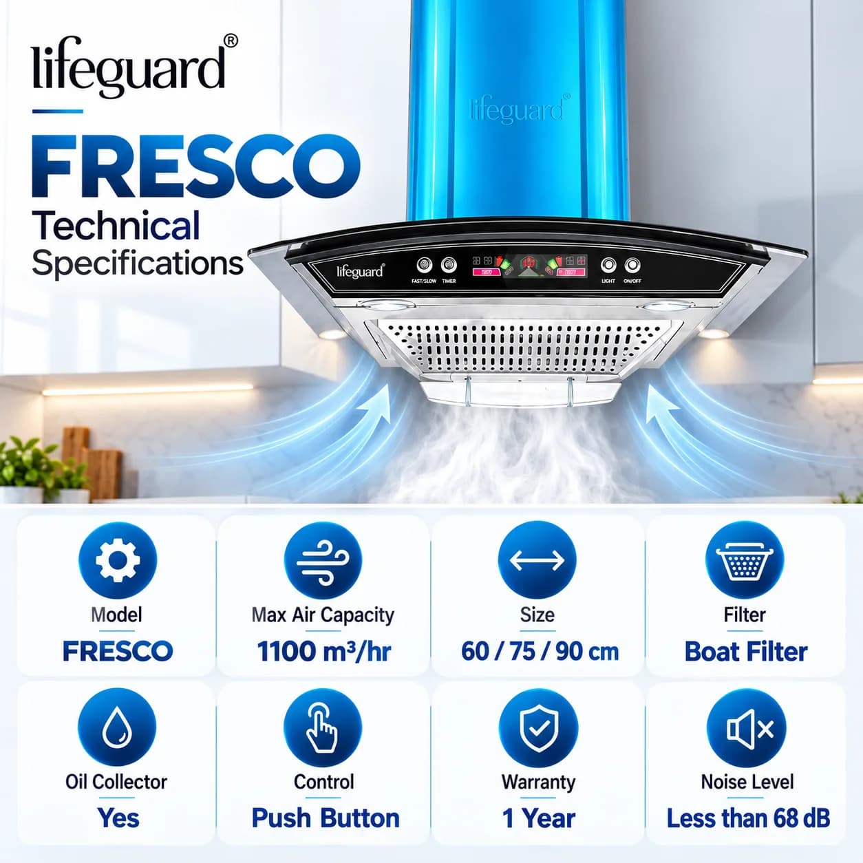 Lifeguard FRESCO Kitchen Chimney | 1100 m³/hr Airflow | Push Button Control thumbnail 2