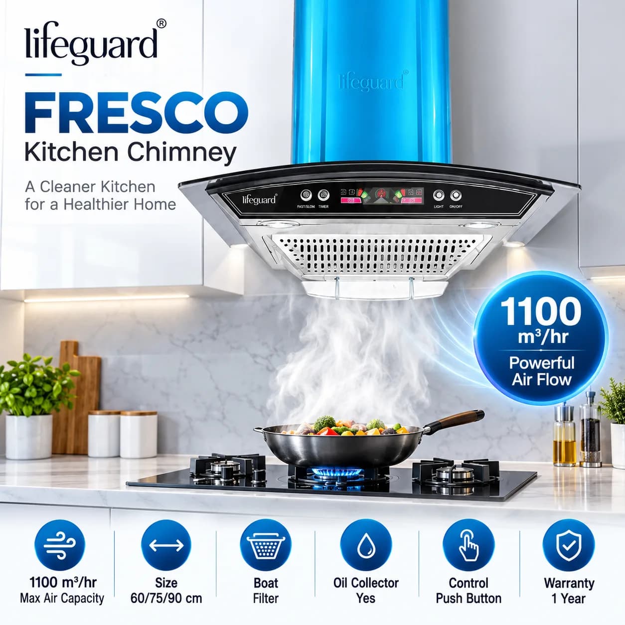 Lifeguard FRESCO Kitchen Chimney | 1100 m³/hr Airflow | Push Button Control thumbnail 5