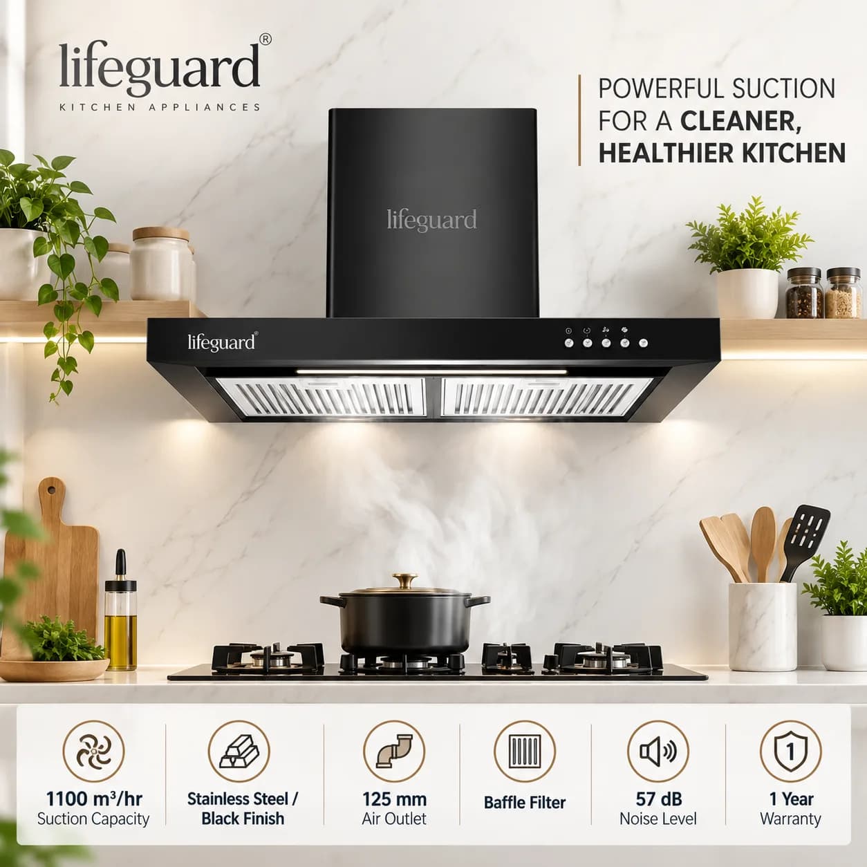 Lifeguard EXPO BLACK Kitchen Chimney | 1100 m³/hr Powerful Suction | Efficient Smoke & Odour thumbnail 2