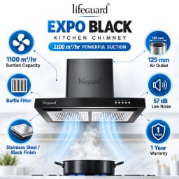 Lifeguard EXPO BLACK Kitchen Chimney | 1100 m³/hr Powerful Suction | Efficient Smoke & Odour