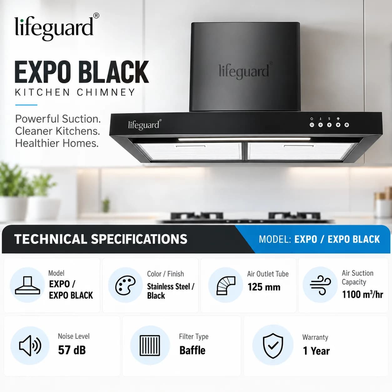 Lifeguard EXPO BLACK Kitchen Chimney | 1100 m³/hr Powerful Suction | Efficient Smoke & Odour thumbnail 3