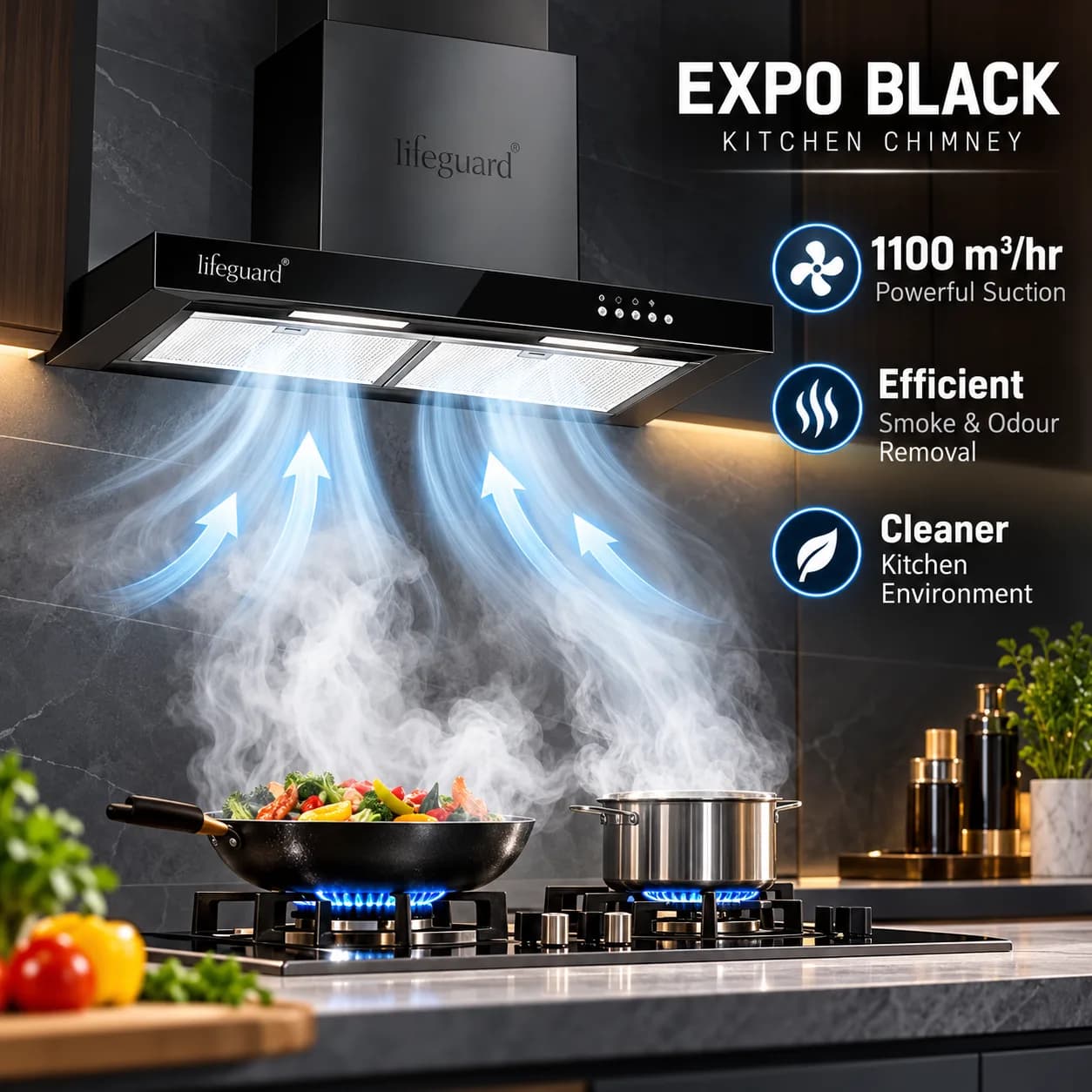 Lifeguard EXPO BLACK Kitchen Chimney | 1100 m³/hr Powerful Suction | Efficient Smoke & Odour thumbnail 4