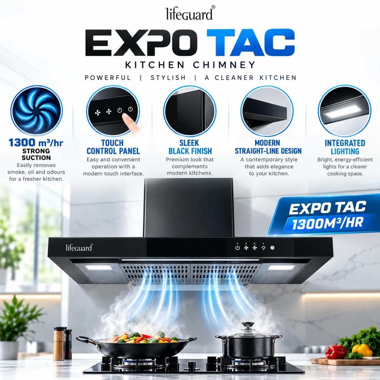 Lifeguard FRESCO TAC Auto Clean Kitchen Chimney, 1200 m³/hr Airflow, 3-Speed Touch & Motion thumbnail 2