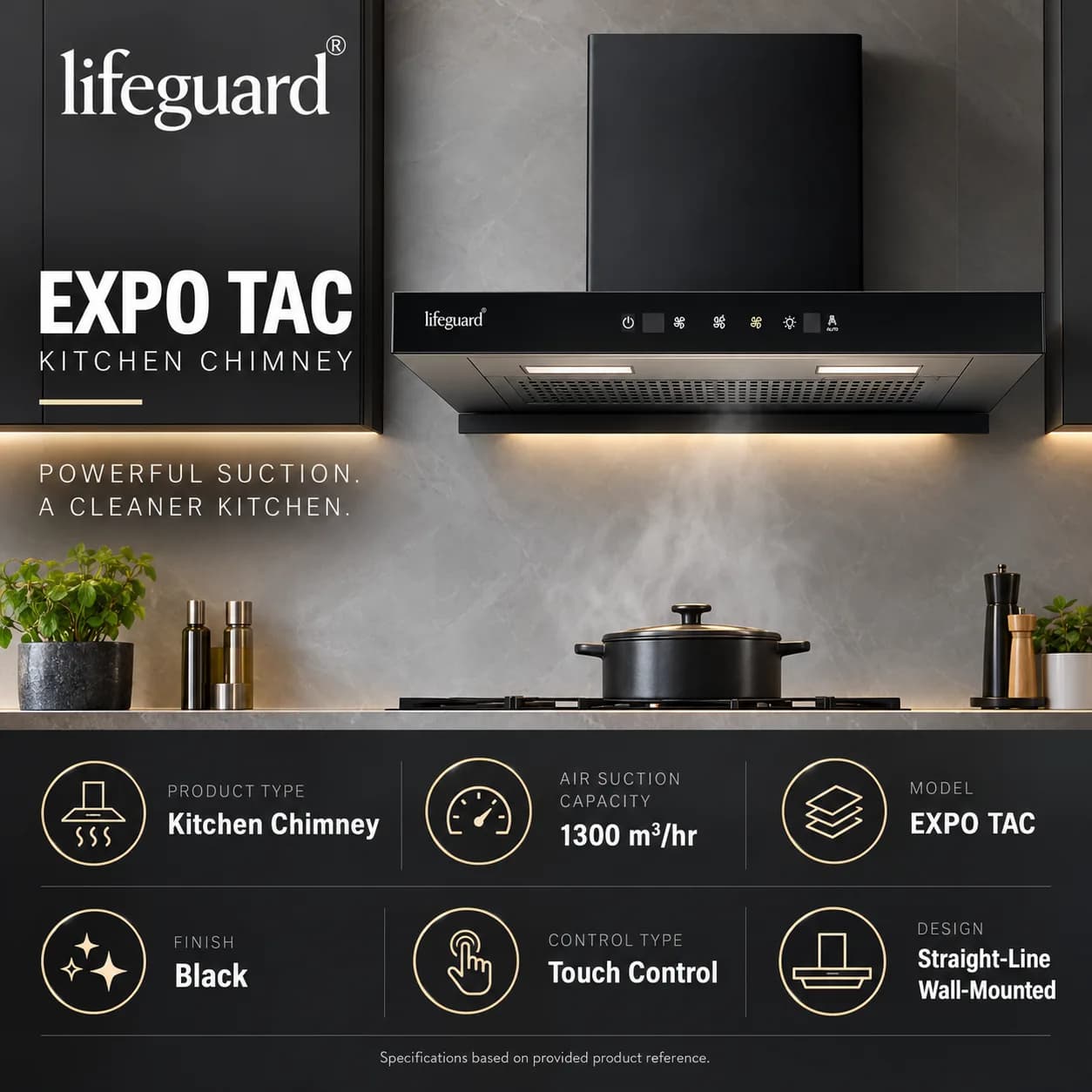 Lifeguard FRESCO TAC Auto Clean Kitchen Chimney, 1200 m³/hr Airflow, 3-Speed Touch & Motion thumbnail 3