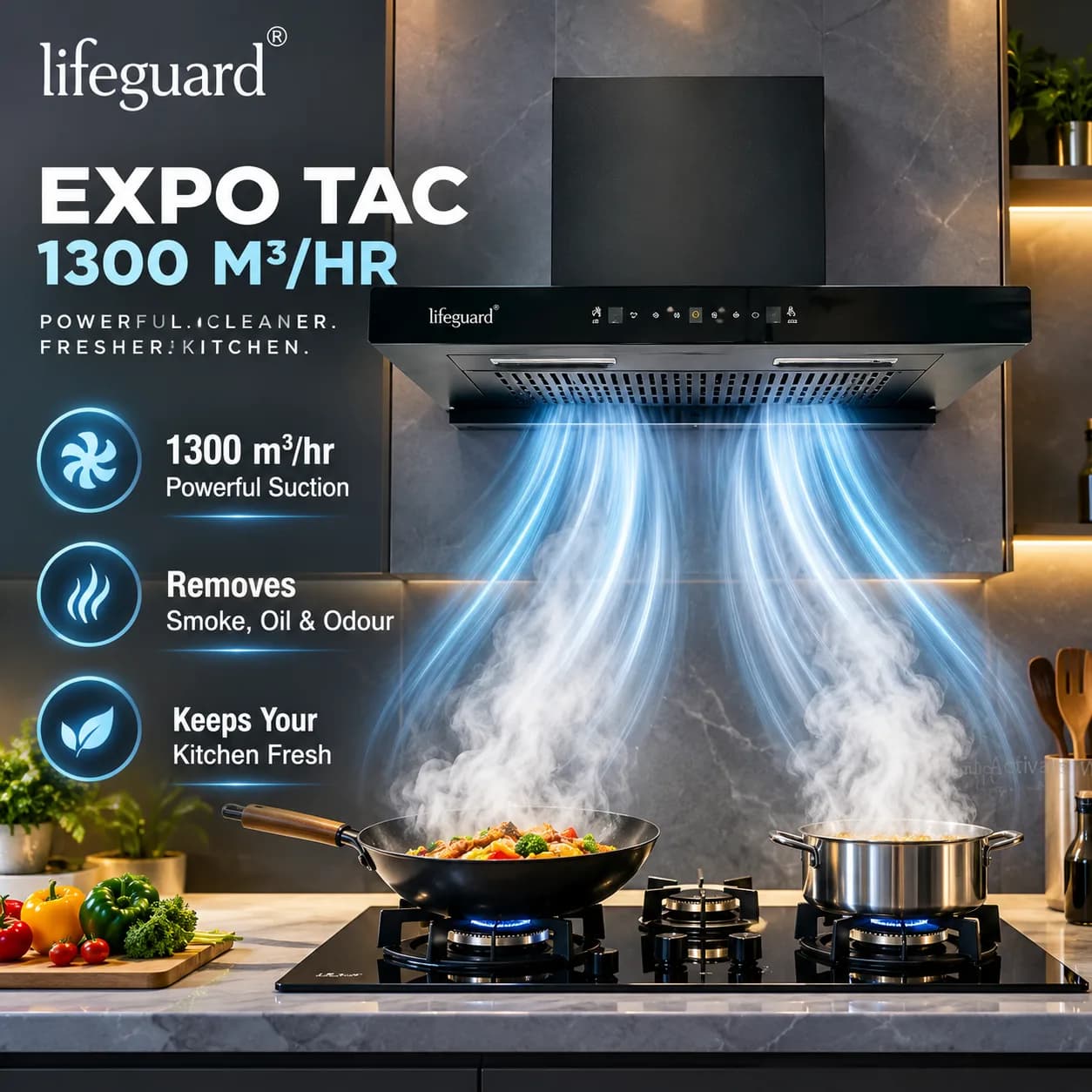 Lifeguard FRESCO TAC Auto Clean Kitchen Chimney, 1200 m³/hr Airflow, 3-Speed Touch & Motion thumbnail 4