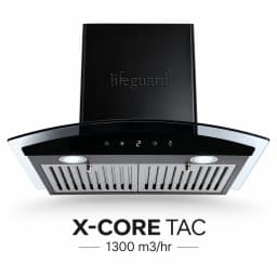 Lifeguard X-CORE Push Button Kitchen Chimney | 1100 m³/hr Suction Capacity | Curved Glass Design