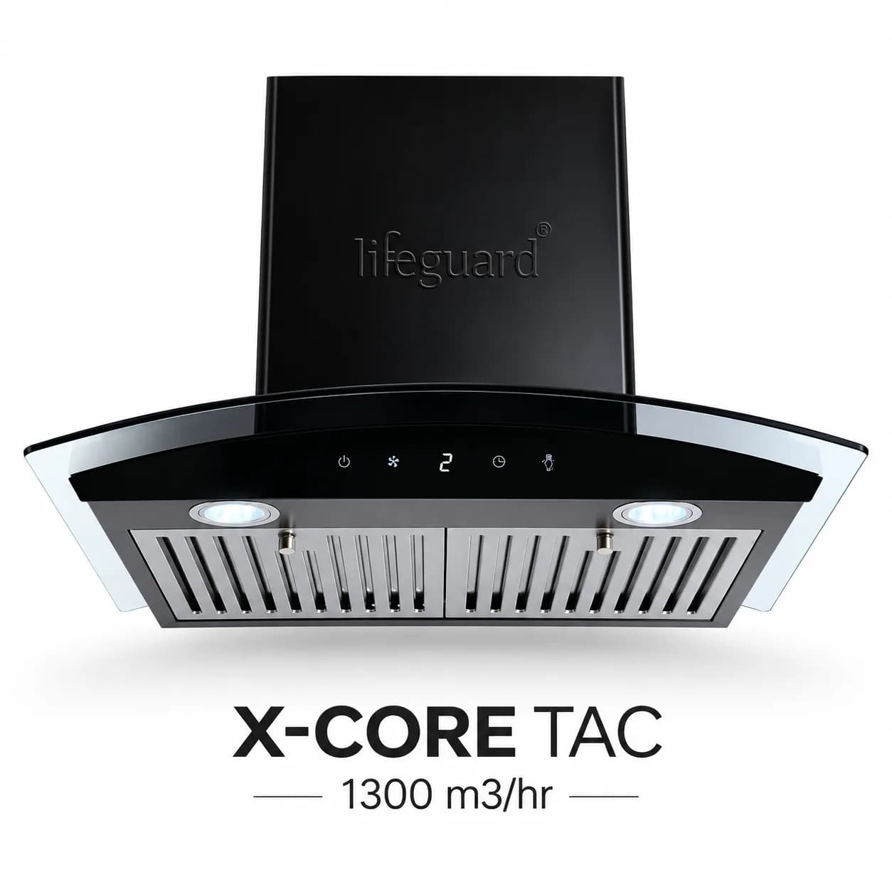Lifeguard X-CORE Push Button Kitchen Chimney | 1100 m³/hr Suction Capacity | Curved Glass Design