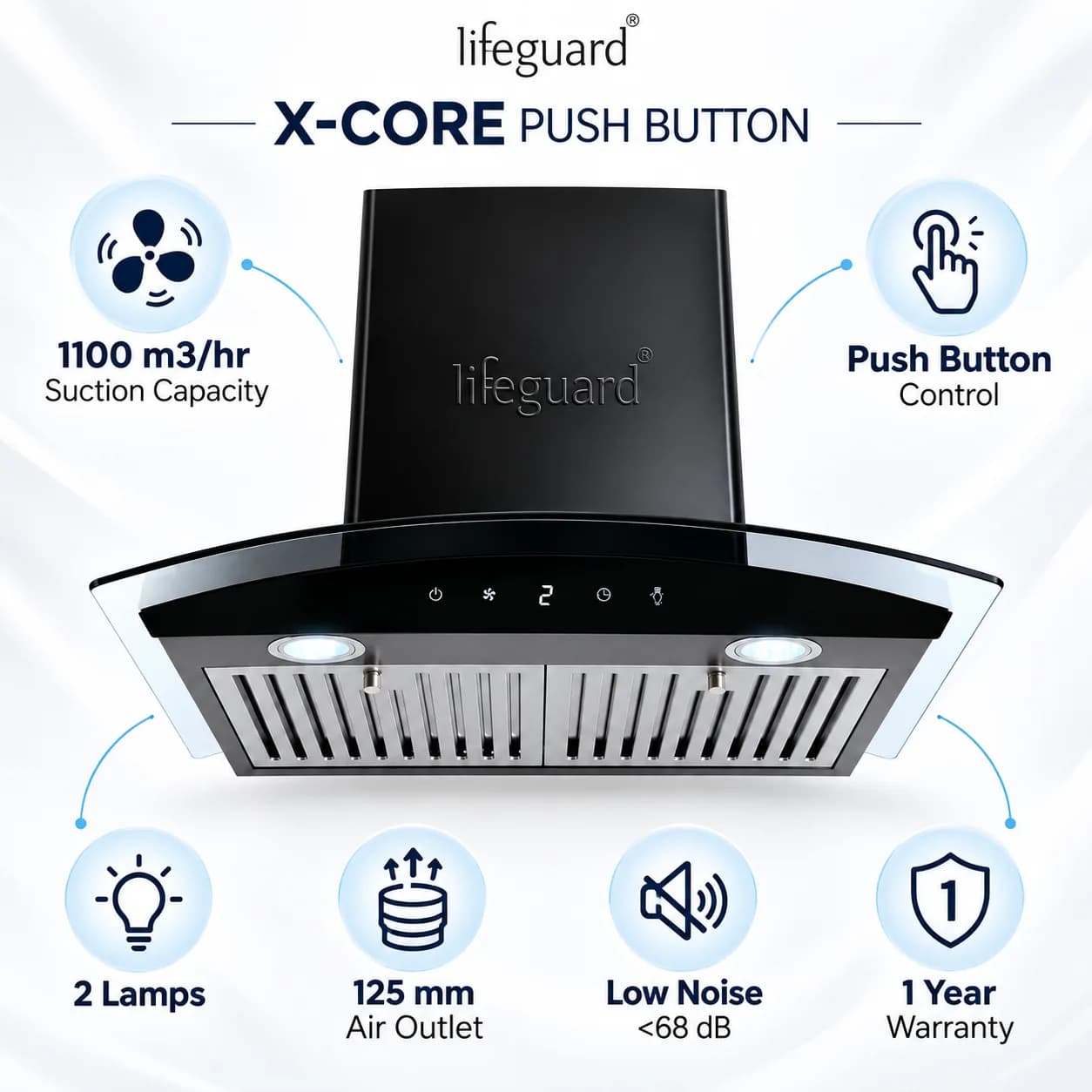 Lifeguard X-CORE Push Button Kitchen Chimney | 1100 m³/hr Suction Capacity | Curved Glass Design thumbnail 2