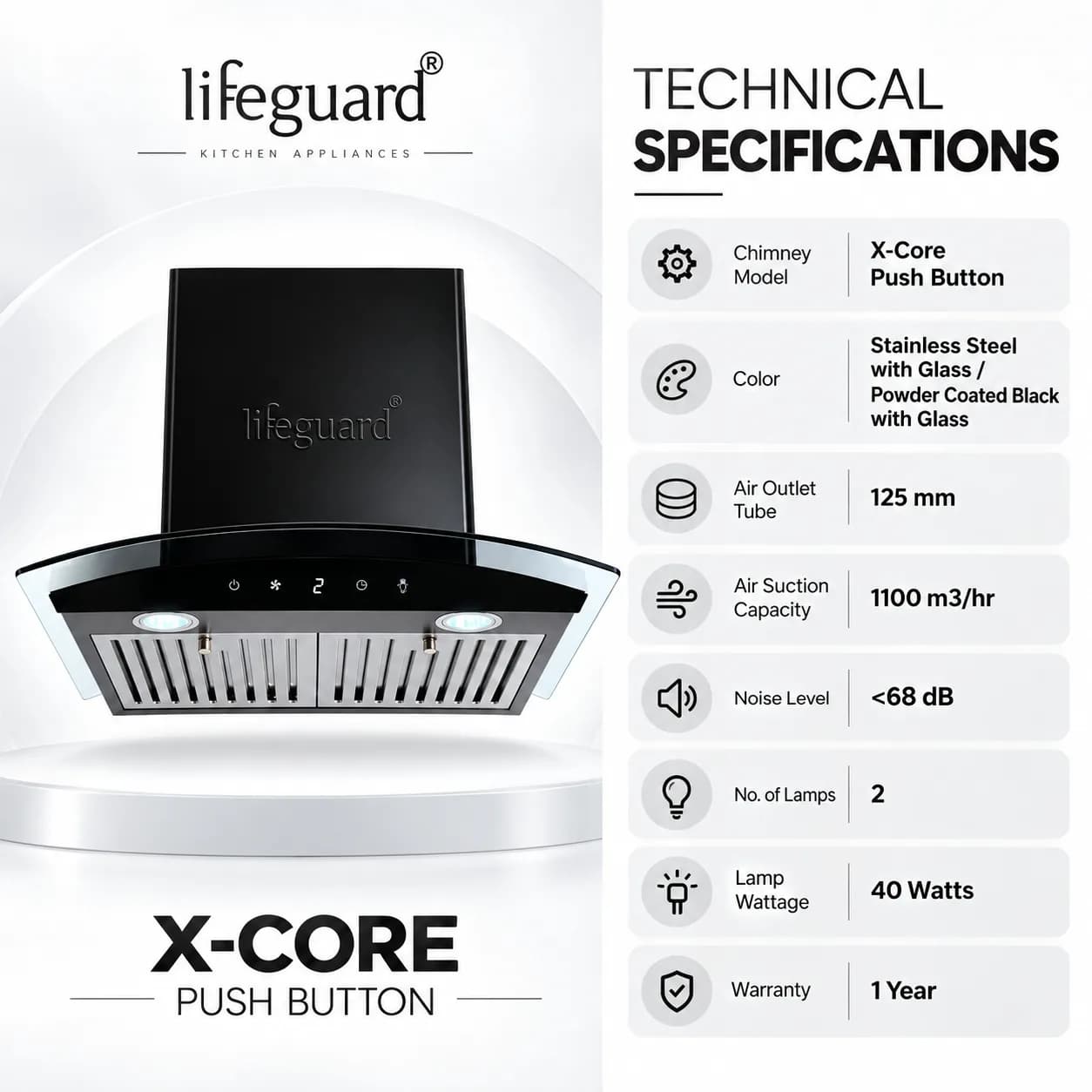 Lifeguard X-CORE Push Button Kitchen Chimney | 1100 m³/hr Suction Capacity | Curved Glass Design thumbnail 4