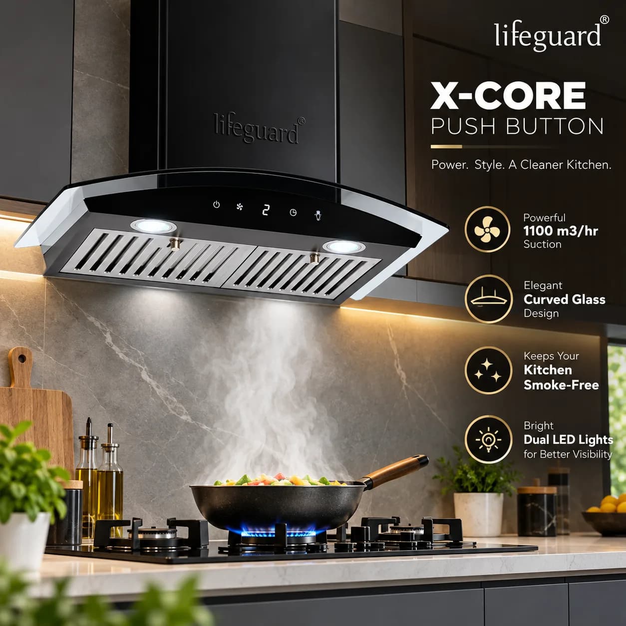 Lifeguard X-CORE Push Button Kitchen Chimney | 1100 m³/hr Suction Capacity | Curved Glass Design thumbnail 3