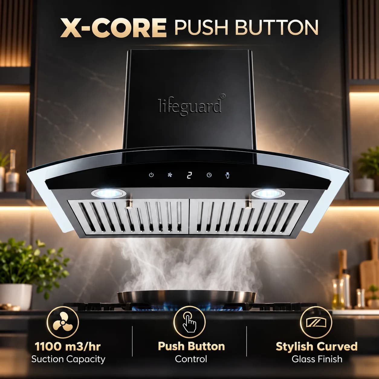 Lifeguard X-CORE Push Button Kitchen Chimney | 1100 m³/hr Suction Capacity | Curved Glass Design thumbnail 5