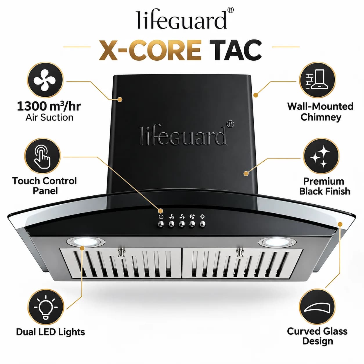 Lifeguard X-CORE TAC Kitchen Chimney | 1300 m³/hr Powerful Suction | Touch Control Panel | Curved Glass Design thumbnail 2