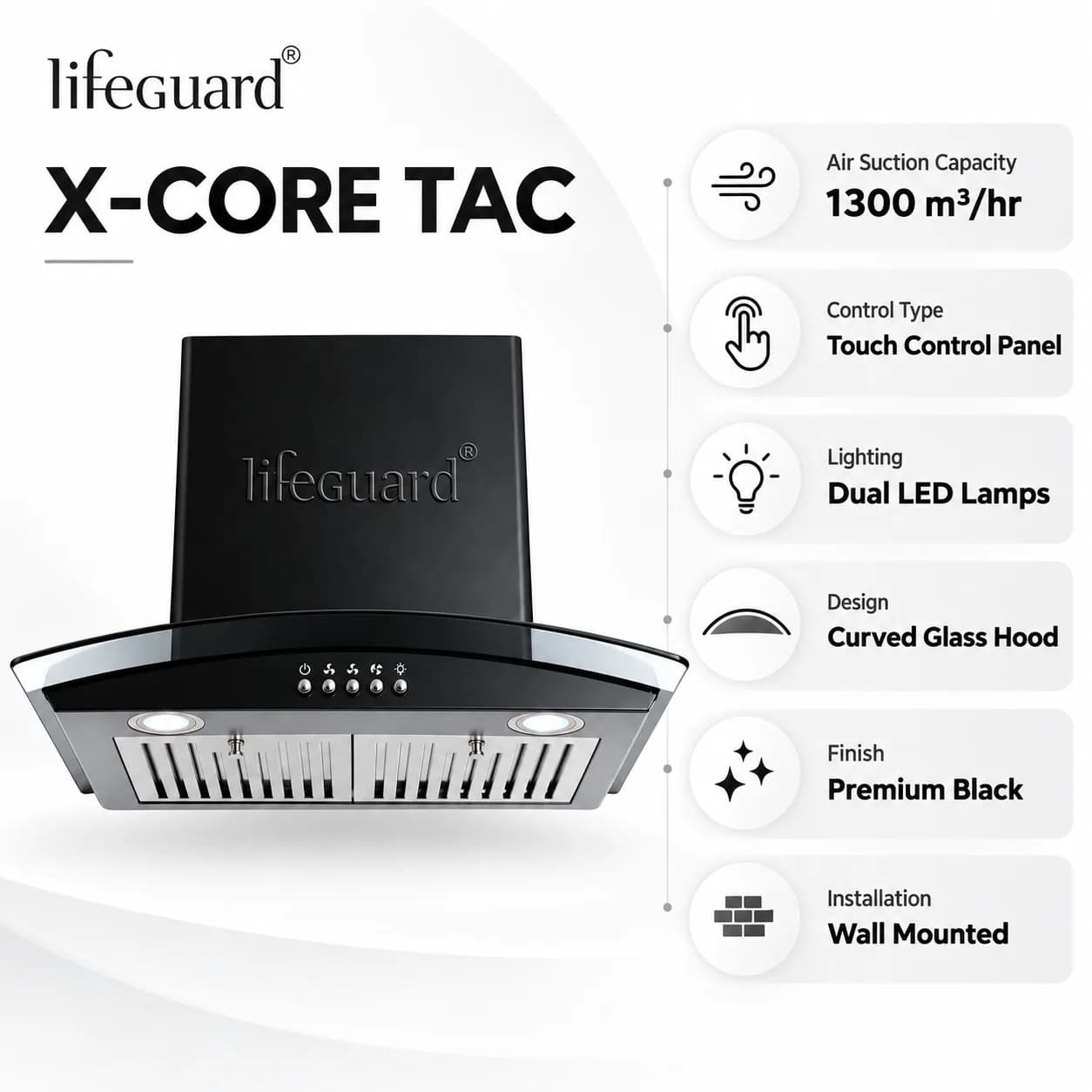 Lifeguard X-CORE TAC Kitchen Chimney | 1300 m³/hr Powerful Suction | Touch Control Panel | Curved Glass Design thumbnail 4