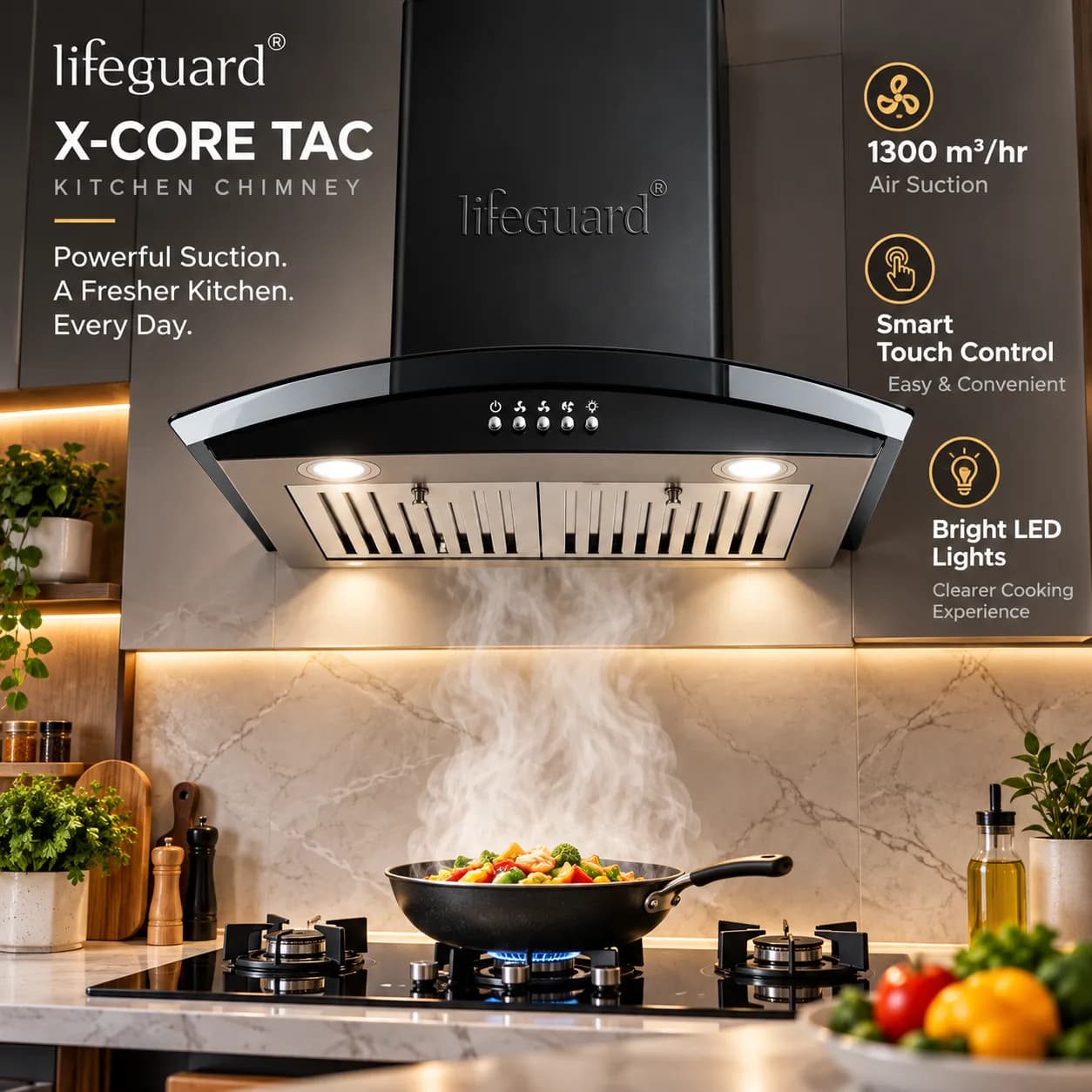 Lifeguard X-CORE TAC Kitchen Chimney | 1300 m³/hr Powerful Suction | Touch Control Panel | Curved Glass Design thumbnail 3