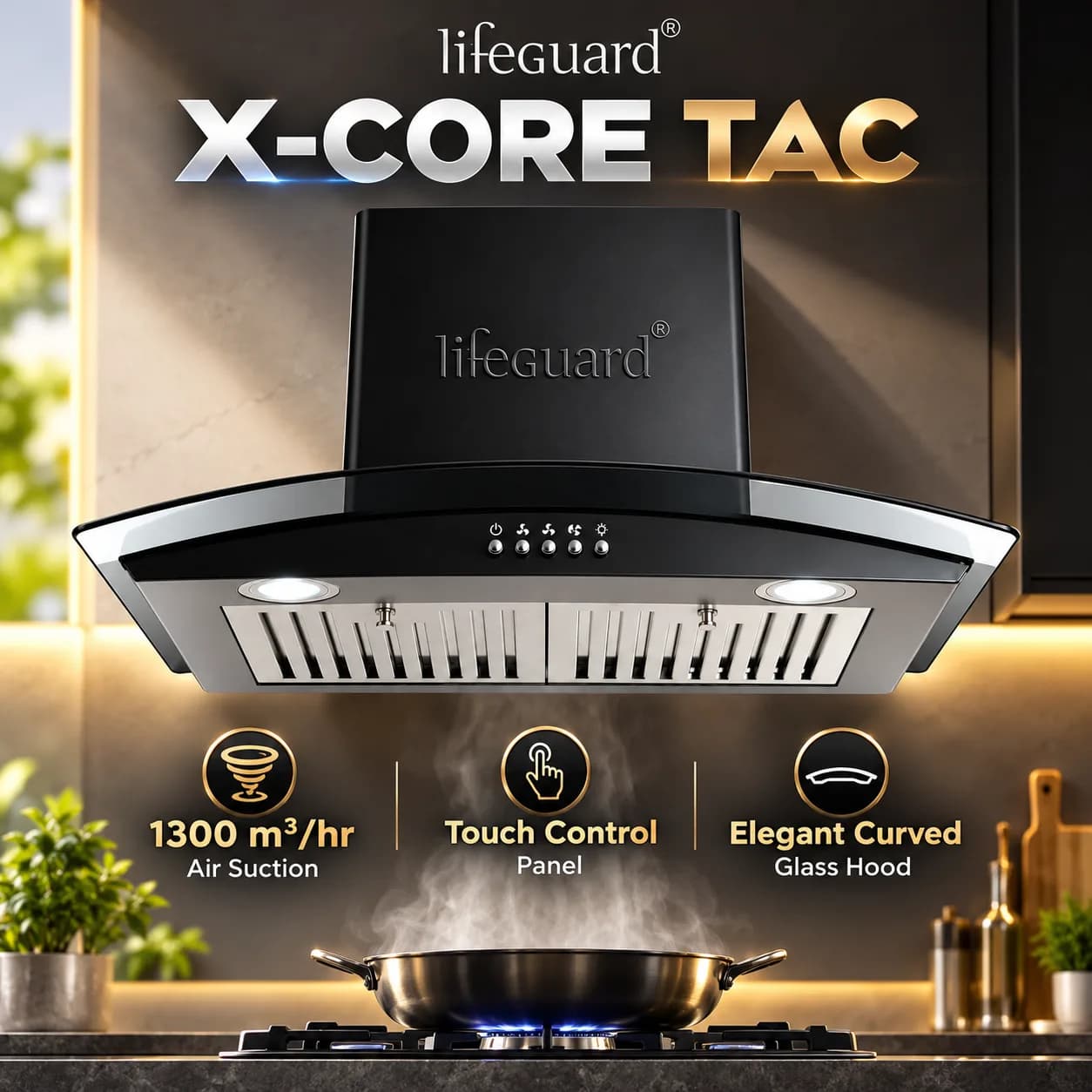 Lifeguard X-CORE TAC Kitchen Chimney | 1300 m³/hr Powerful Suction | Touch Control Panel | Curved Glass Design thumbnail 5