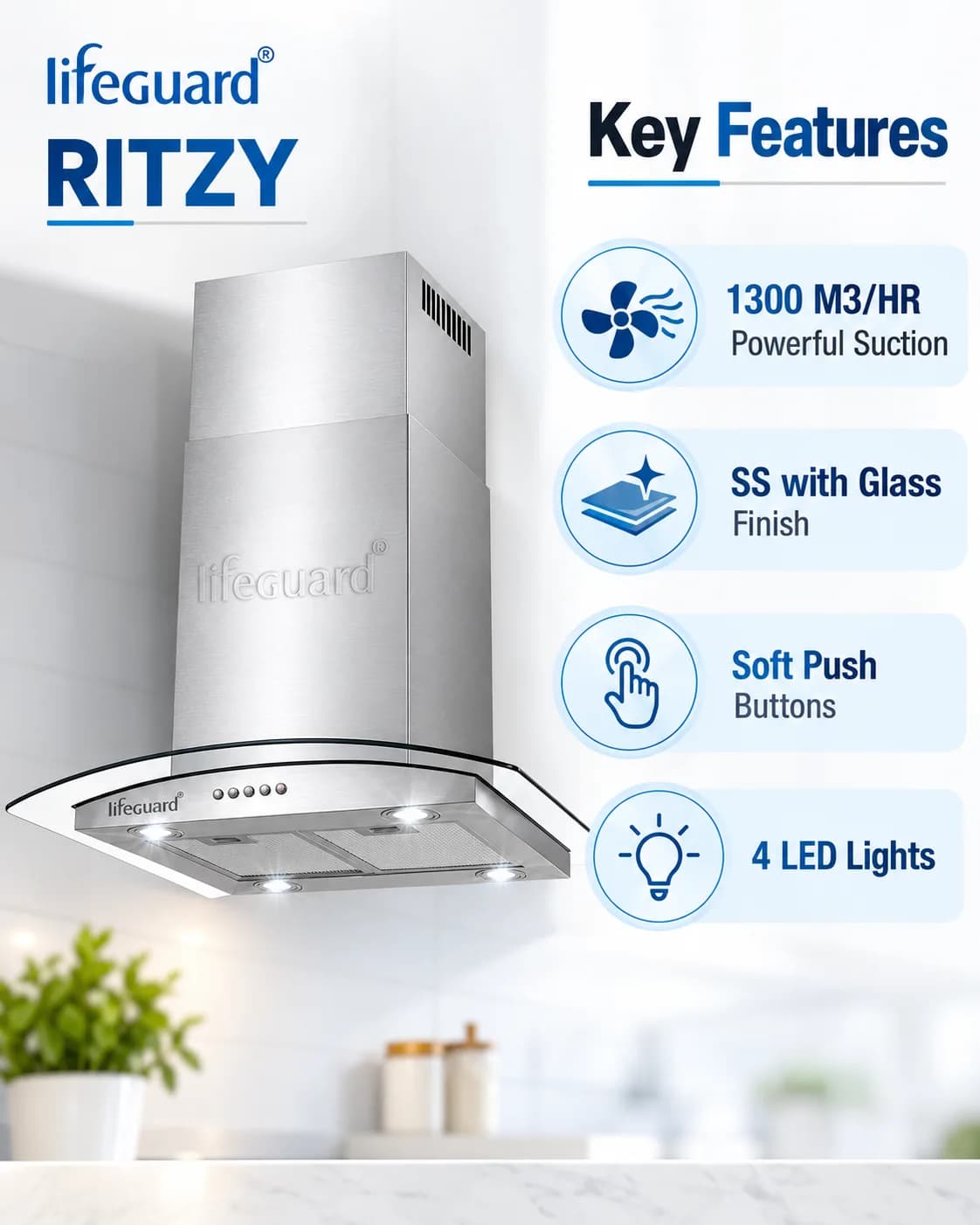 Lifeguard RITZY Kitchen Chimney | 1300 m³/hr Powerful Suction | Soft Push Button Control thumbnail 4