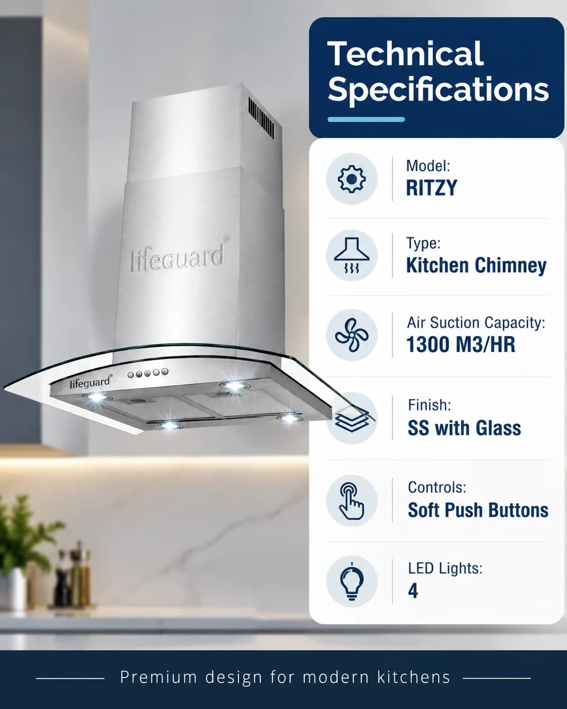 Lifeguard RITZY Kitchen Chimney | 1300 m³/hr Powerful Suction | Soft Push Button Control thumbnail 3
