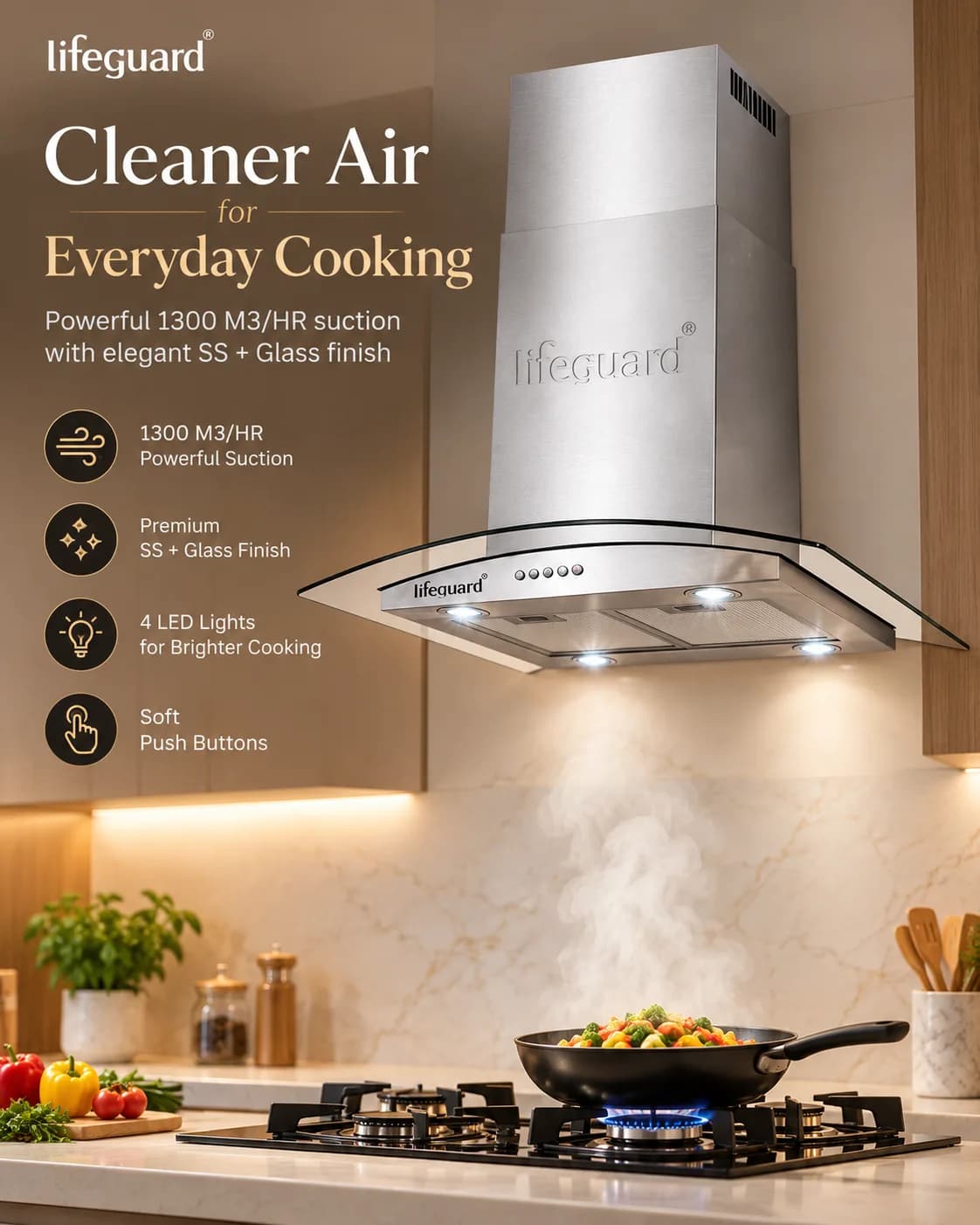 Lifeguard RITZY Kitchen Chimney | 1300 m³/hr Powerful Suction | Soft Push Button Control thumbnail 5