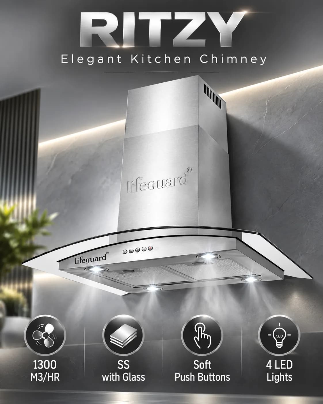 Lifeguard RITZY Kitchen Chimney | 1300 m³/hr Powerful Suction | Soft Push Button Control thumbnail 2