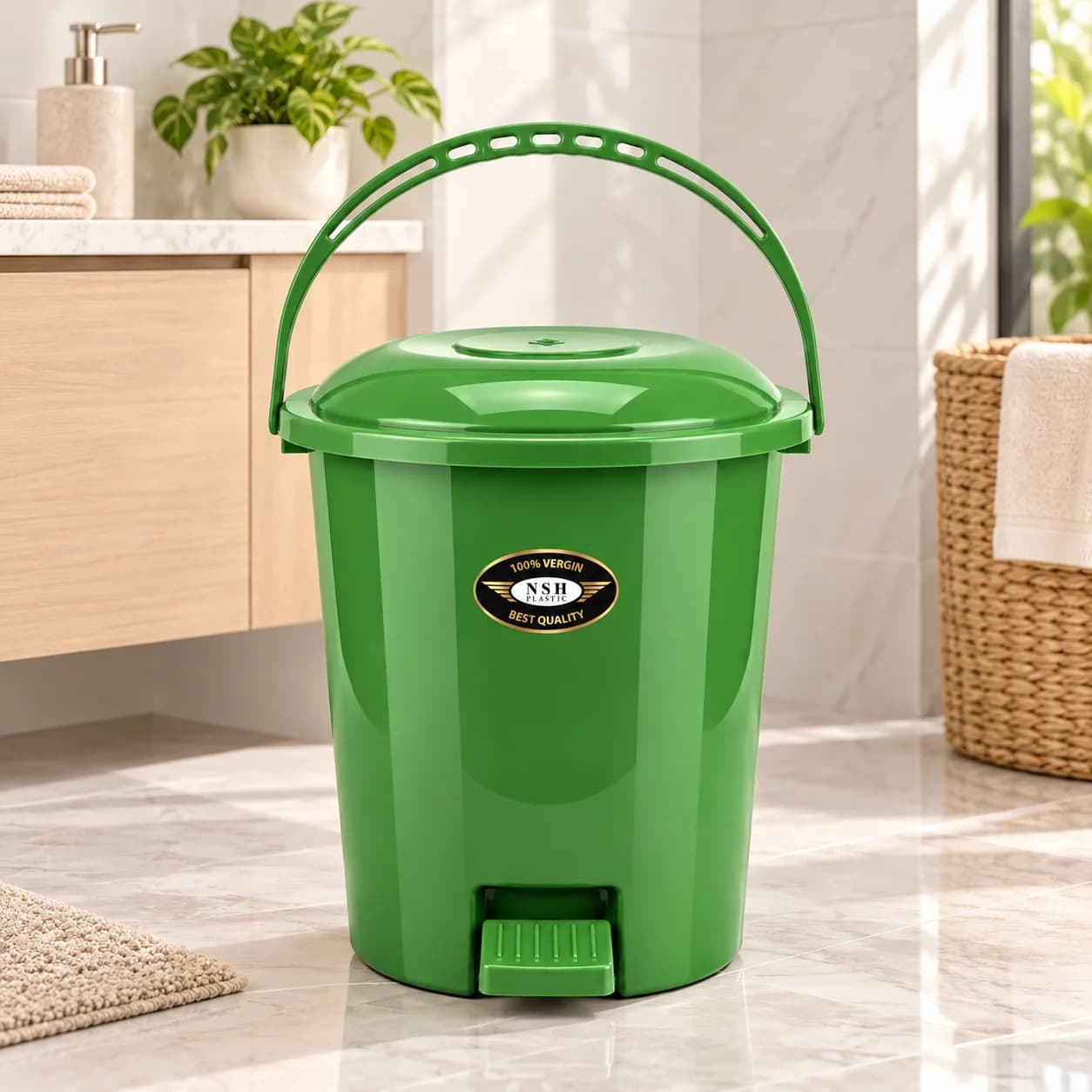 Green Plastic Pedal Dustbin with Hinged Lid and Overhead Carry Handle, 10 L thumbnail 5