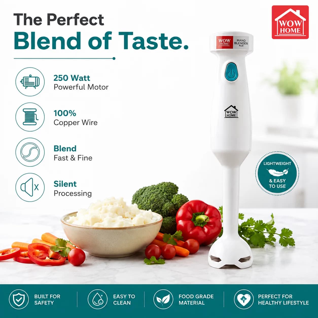 White Hand Blender with Teal Push Button and Immersion Blending Head thumbnail 3