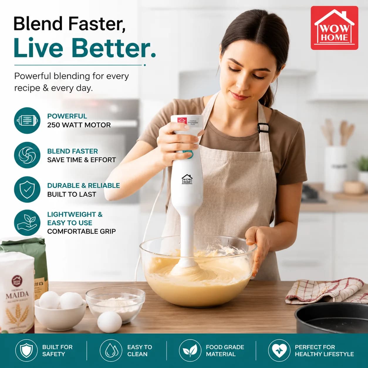 White Hand Blender with Teal Push Button and Immersion Blending Head thumbnail 6