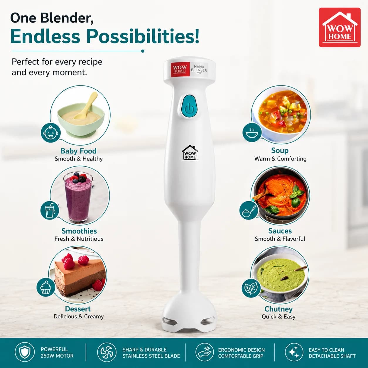 White Hand Blender with Teal Push Button and Immersion Blending Head thumbnail 4