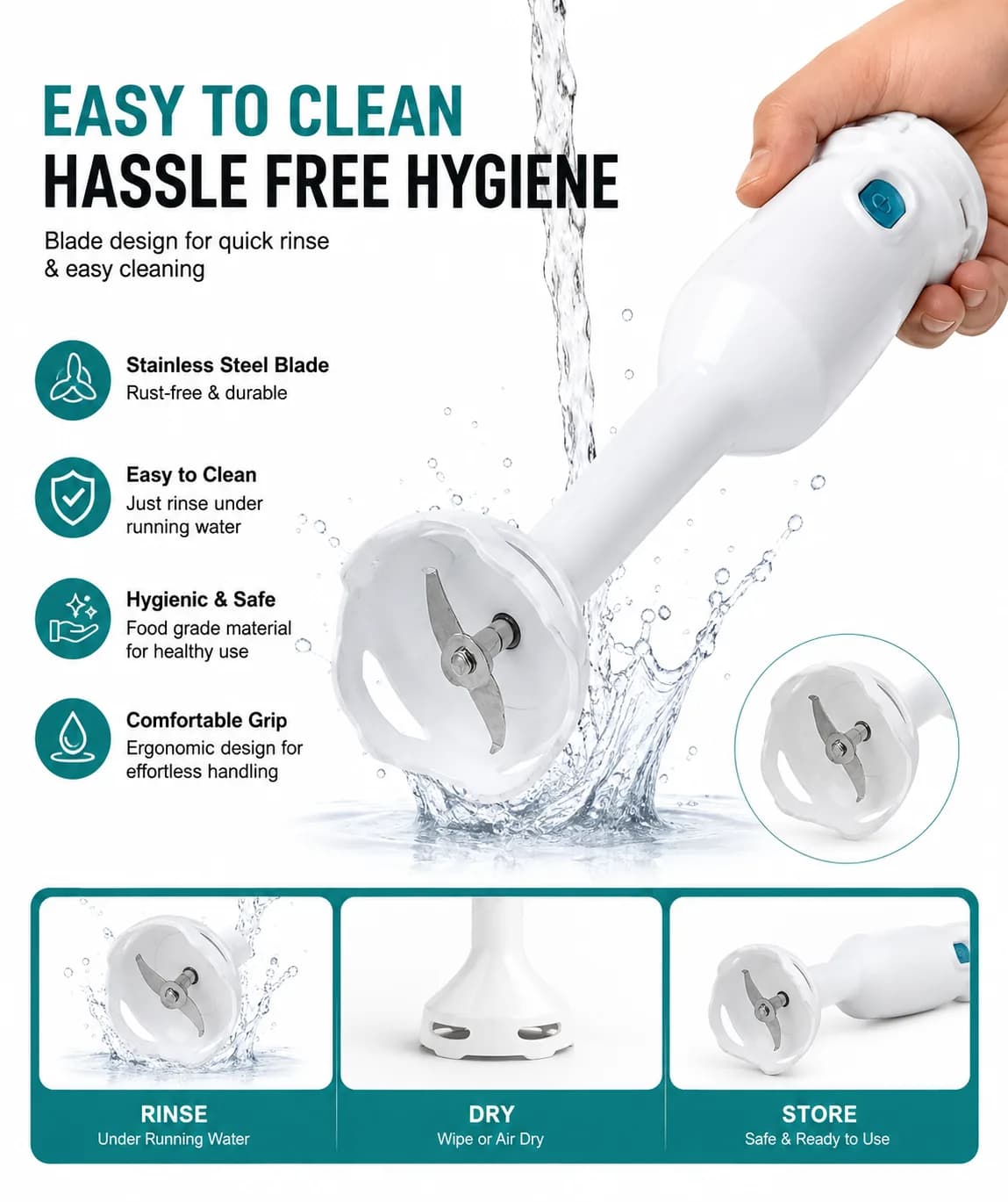 White Hand Blender with Teal Push Button and Immersion Blending Head thumbnail 5