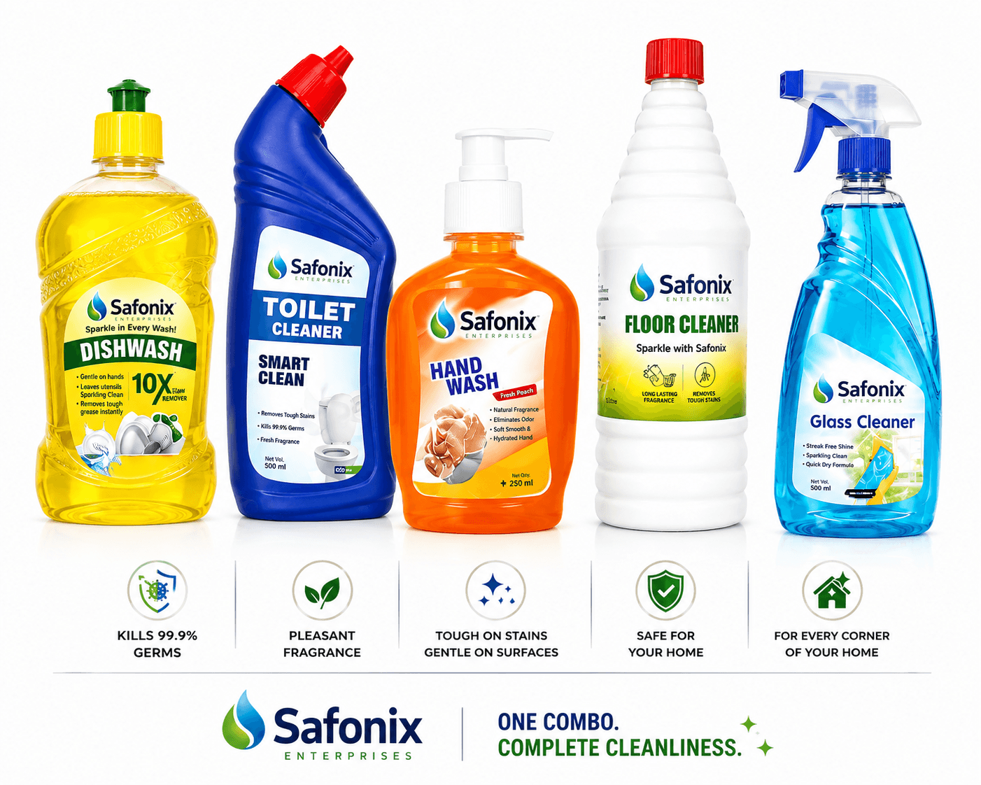 Safonix Complete Home Cleaning Combo – Hand Wash, Dish Wash, Floor Cleaner, Toilet Cleaner & Glass Cleaner thumbnail 1