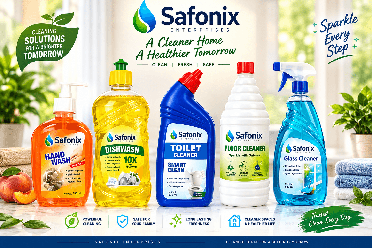 Safonix Complete Home Cleaning Combo – Hand Wash, Dish Wash, Floor Cleaner, Toilet Cleaner & Glass Cleaner thumbnail 2