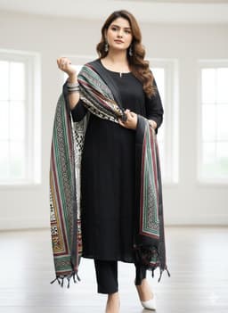 Women'S Elegant Black Cotton Kurta Set With Designer Ajrakh Print Dupatta | Ethnic Wear 3-Piece Set For Office & Casual Wear