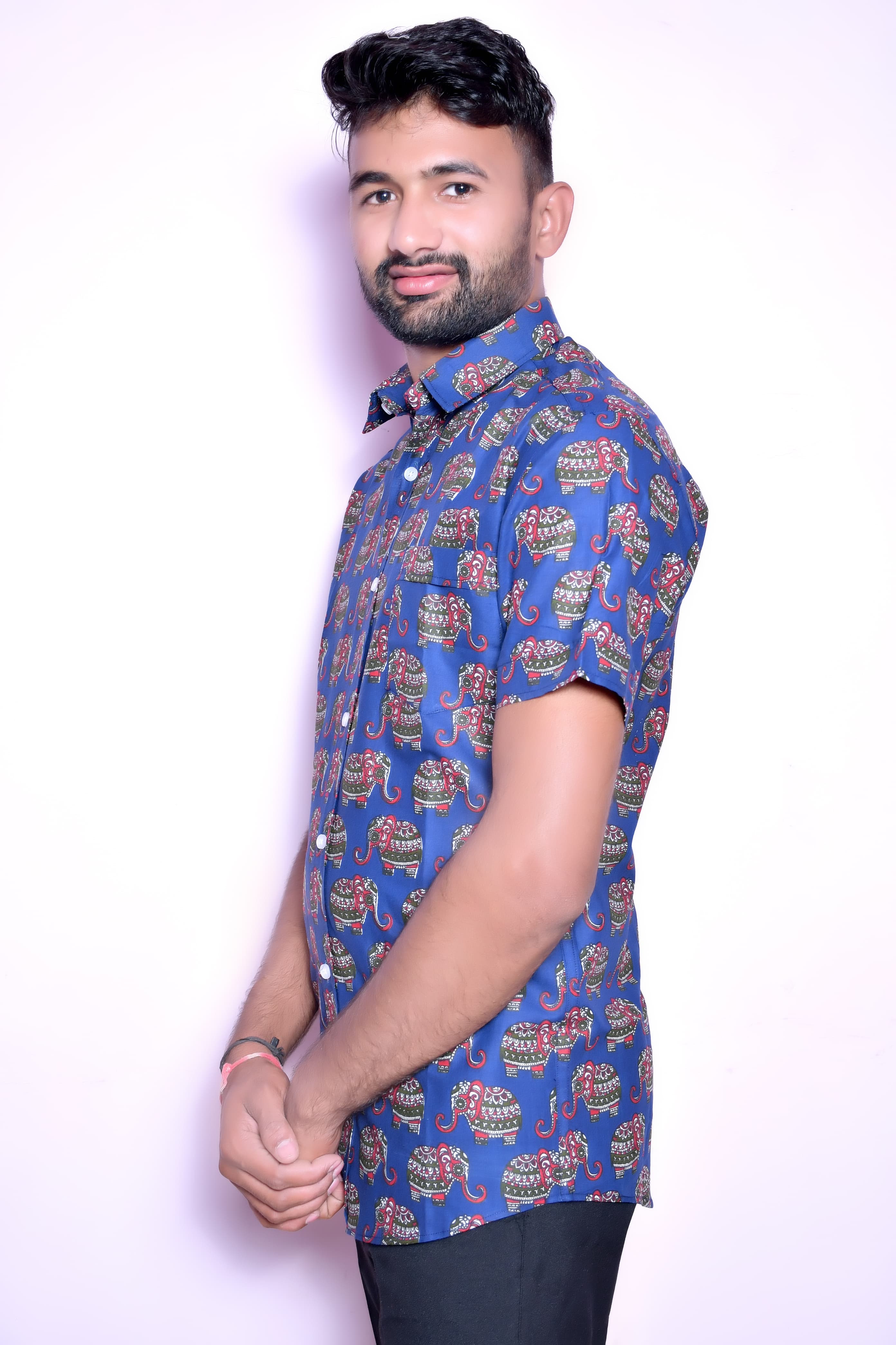 Men’S Cotton Printed Casual Shirt | Half Sleeve | Regular Fit | Elephant Ethnic Print thumbnail 3