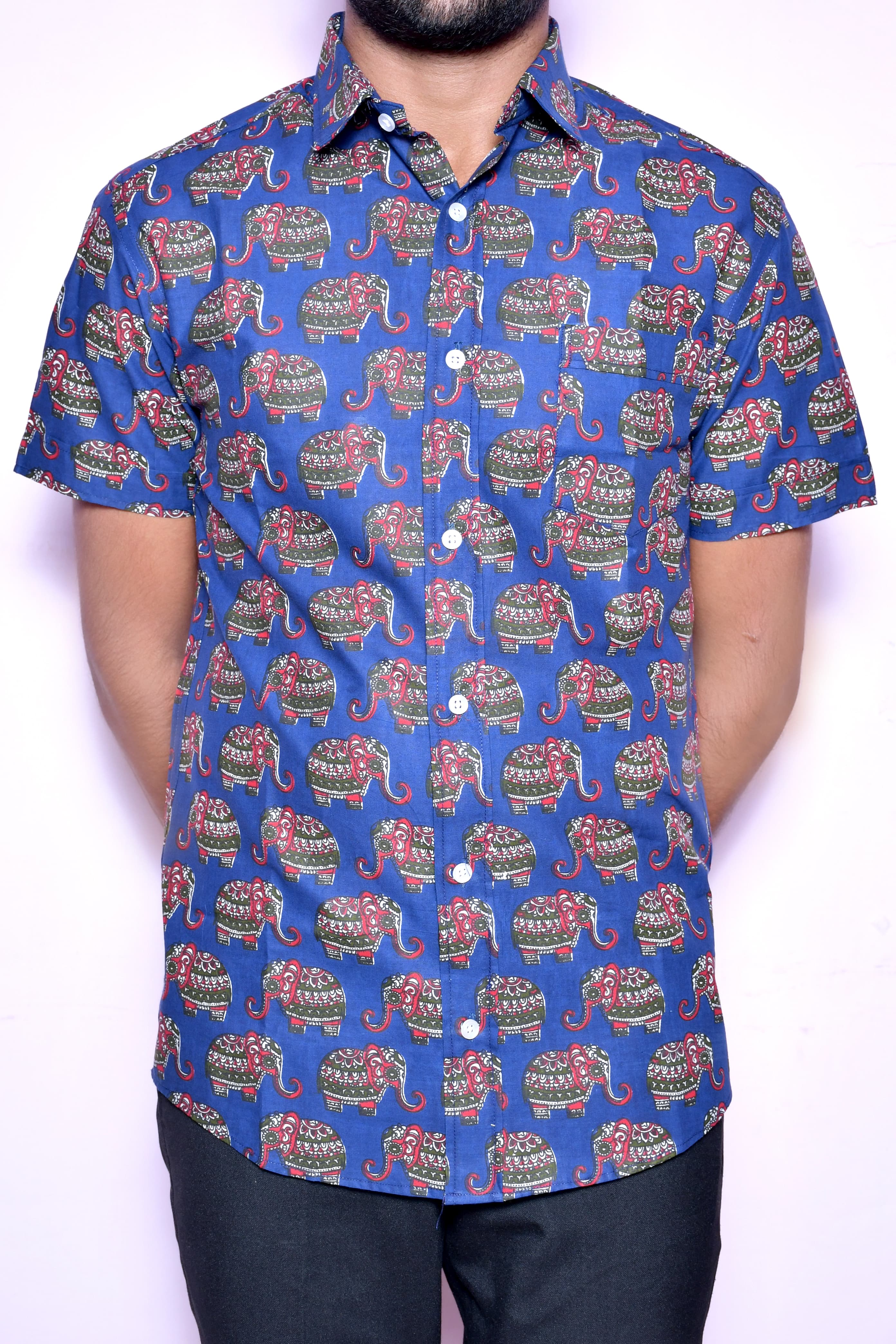 Men’S Cotton Printed Casual Shirt | Half Sleeve | Regular Fit | Elephant Ethnic Print thumbnail 4