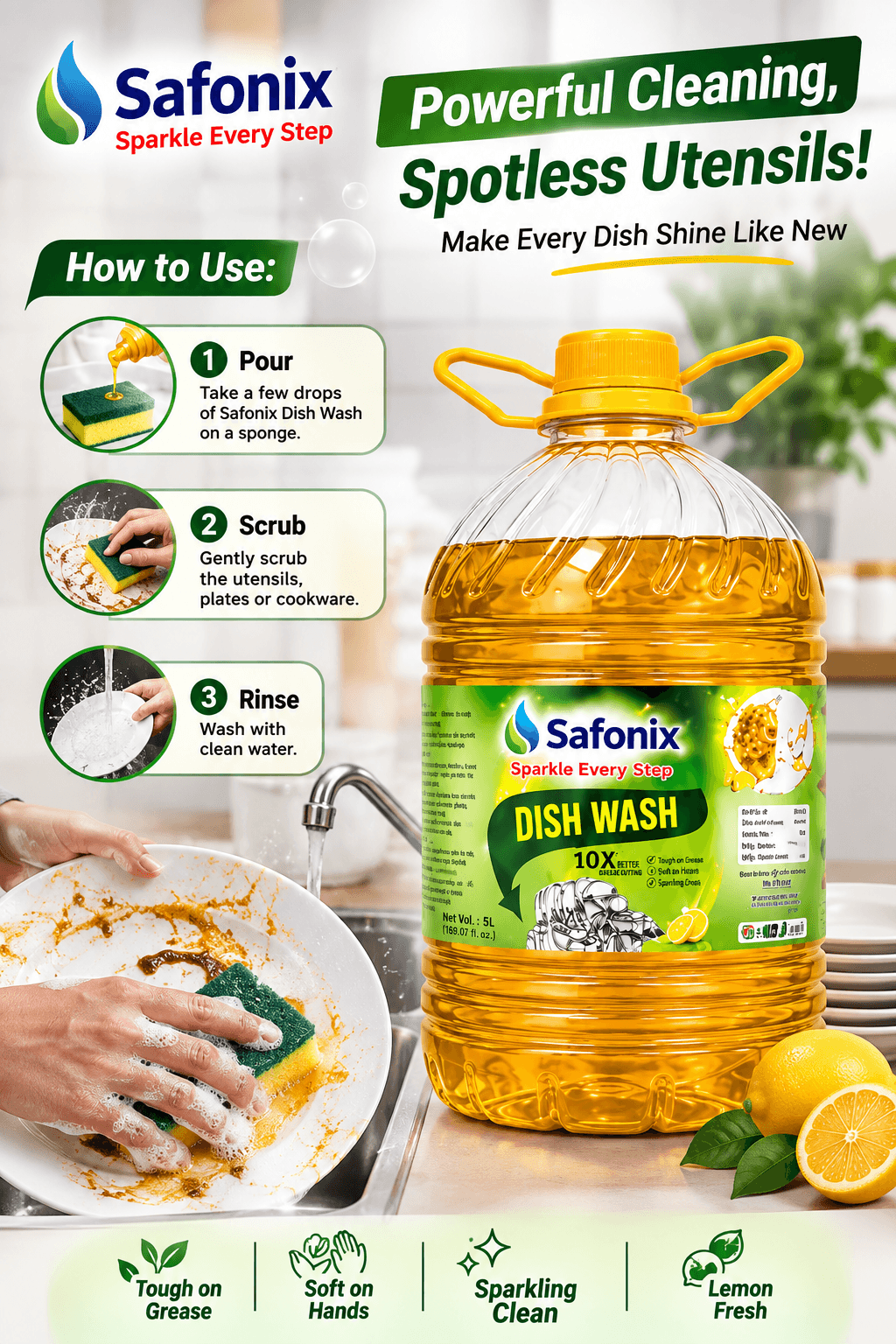 Safonix Dish Wash Liquid 5 Litre – Tough On Grease, Sparkling Clean thumbnail 2