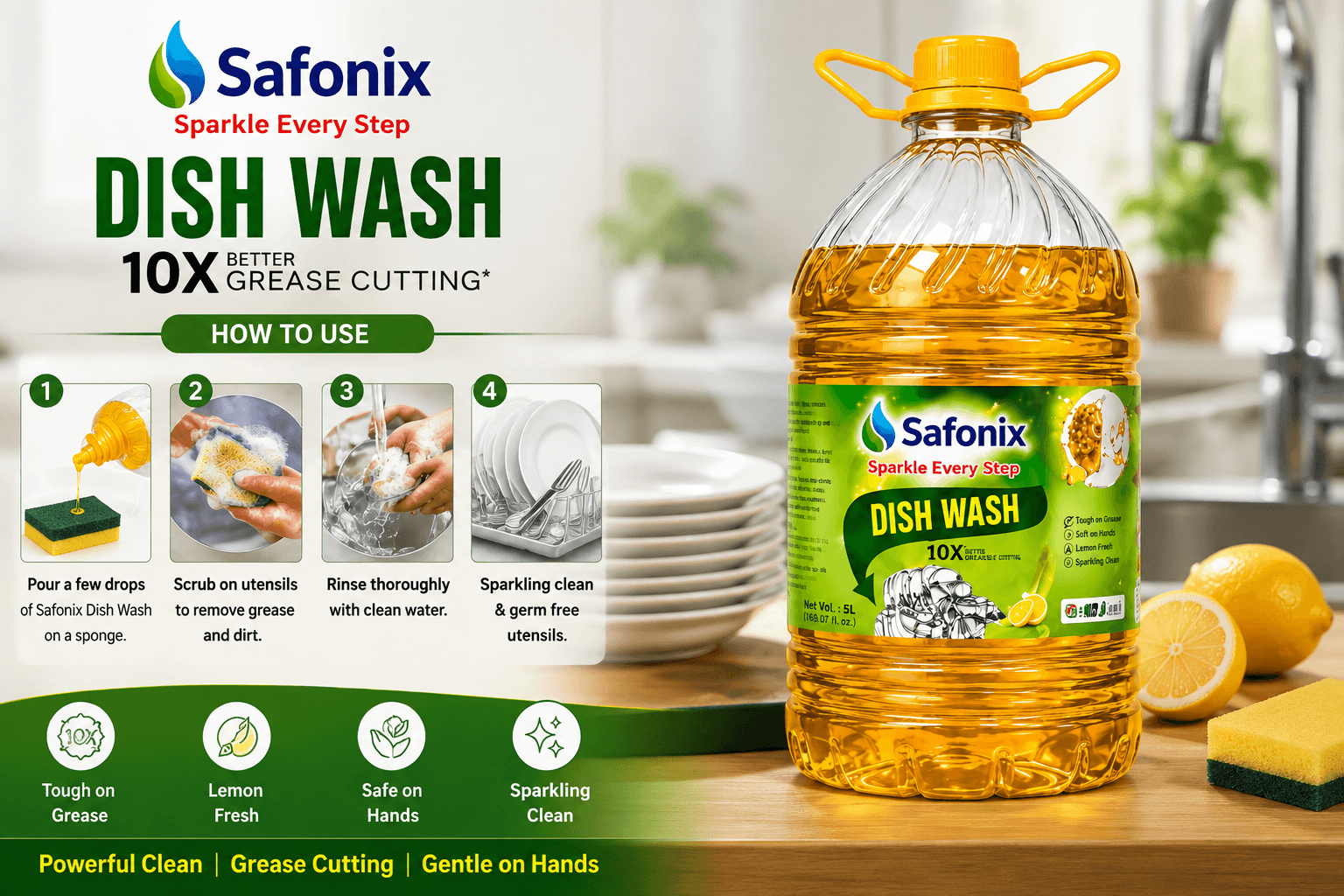 Safonix Dish Wash Liquid 5 Litre – Tough On Grease, Sparkling Clean thumbnail 3