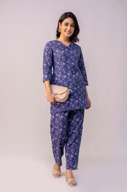 Floral Printed Co-Ord Set For Women - 3/4 Sleeve Tunic Top & Straight Pants Two Piece Outfit