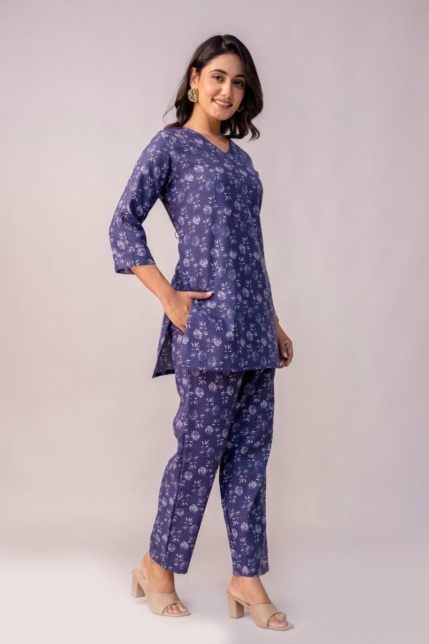 Floral Printed Co-Ord Set For Women - 3/4 Sleeve Tunic Top & Straight Pants Two Piece Outfit thumbnail 4