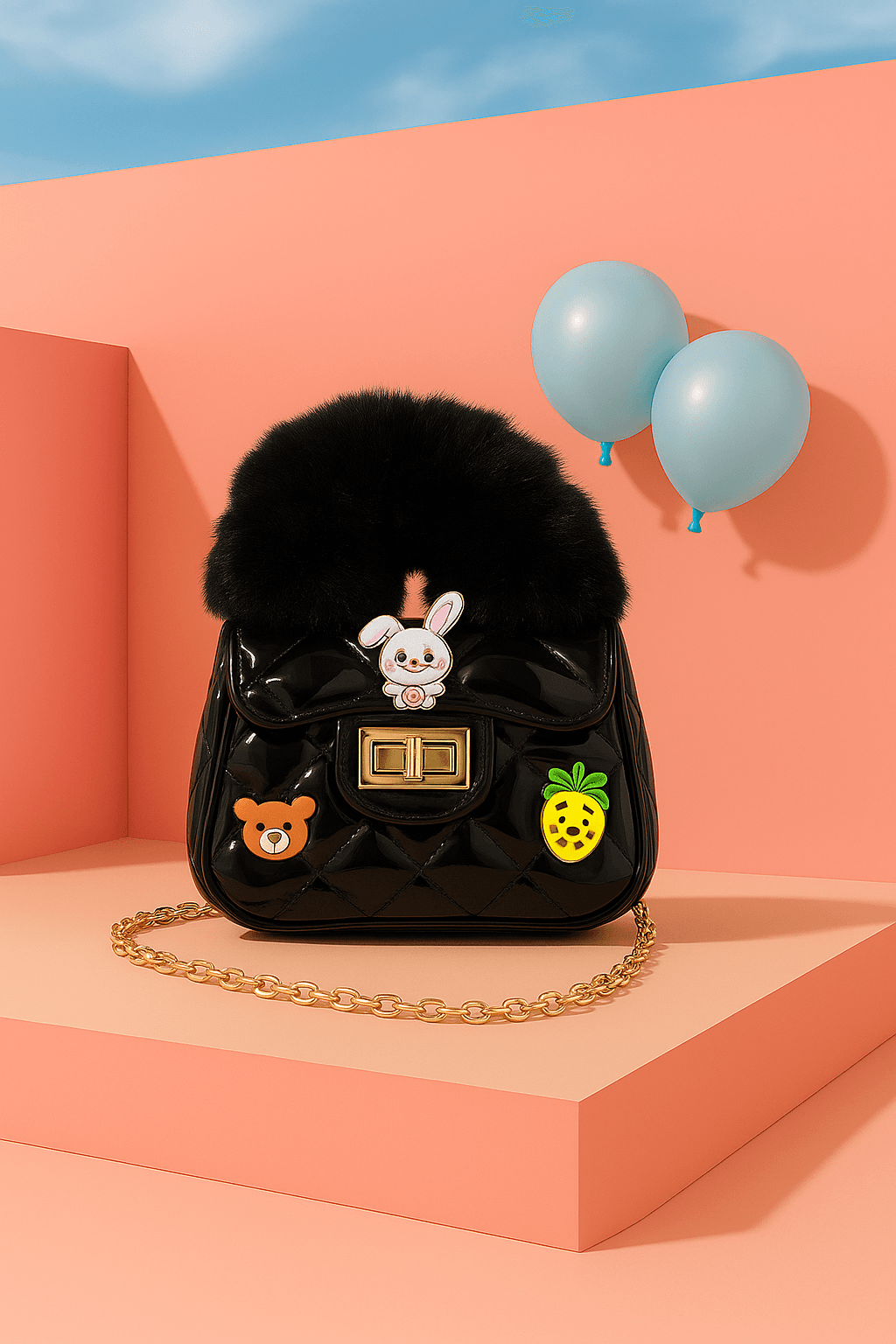 Quilted Fur Handle Cartoon Charm Handbag - Black thumbnail 4
