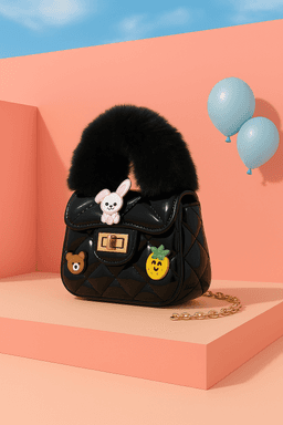 Quilted Fur Handle Cartoon Charm Handbag - Black
