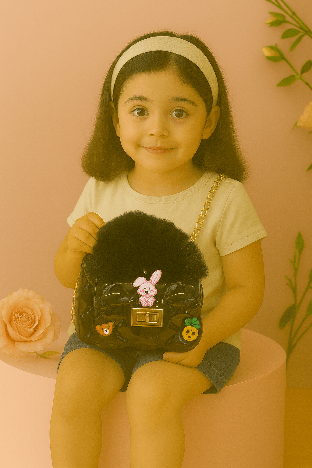 Quilted Fur Handle Cartoon Charm Handbag - Black thumbnail 2