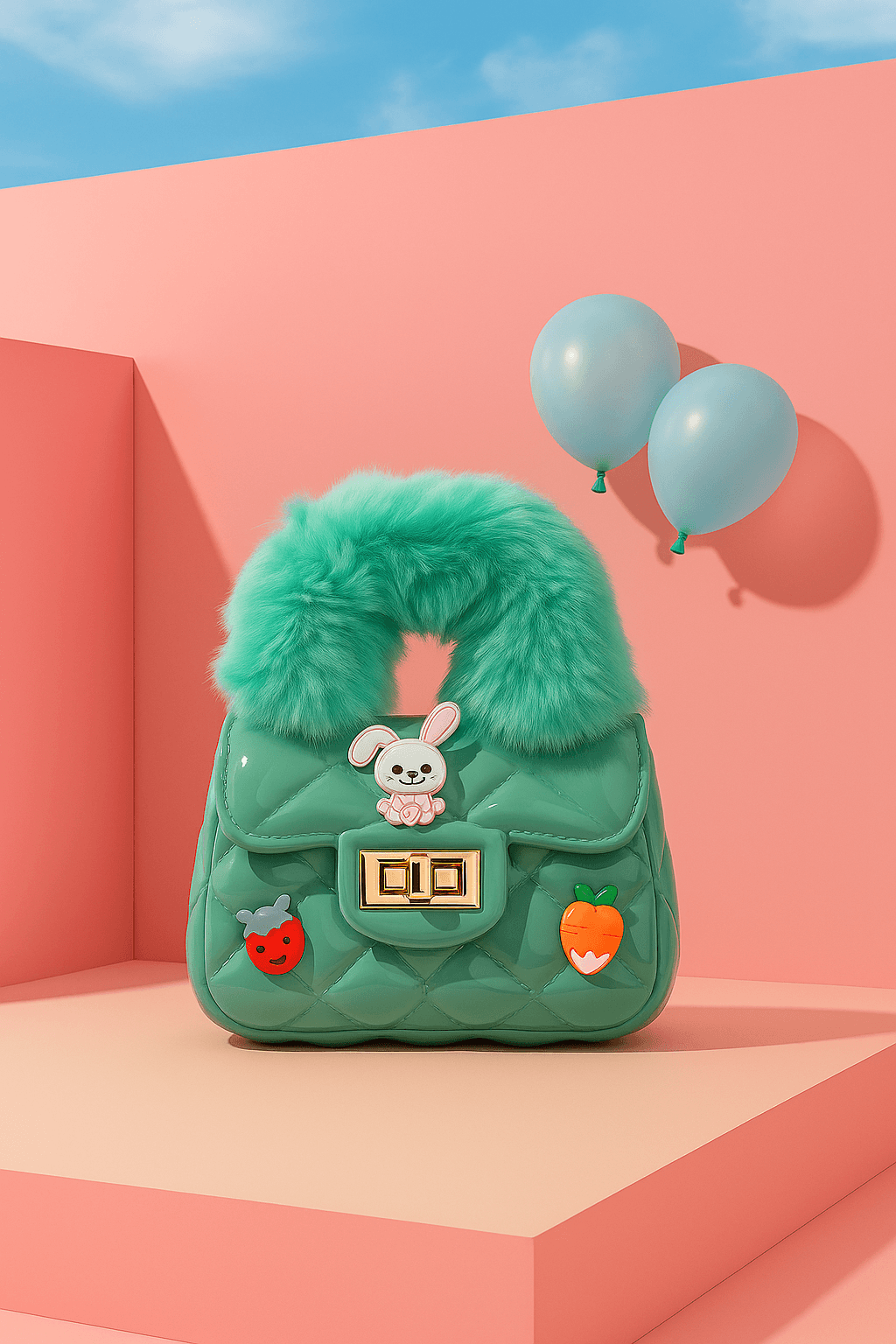 Quilted Fur Handle Cartoon Charm Handbag - Green thumbnail 4